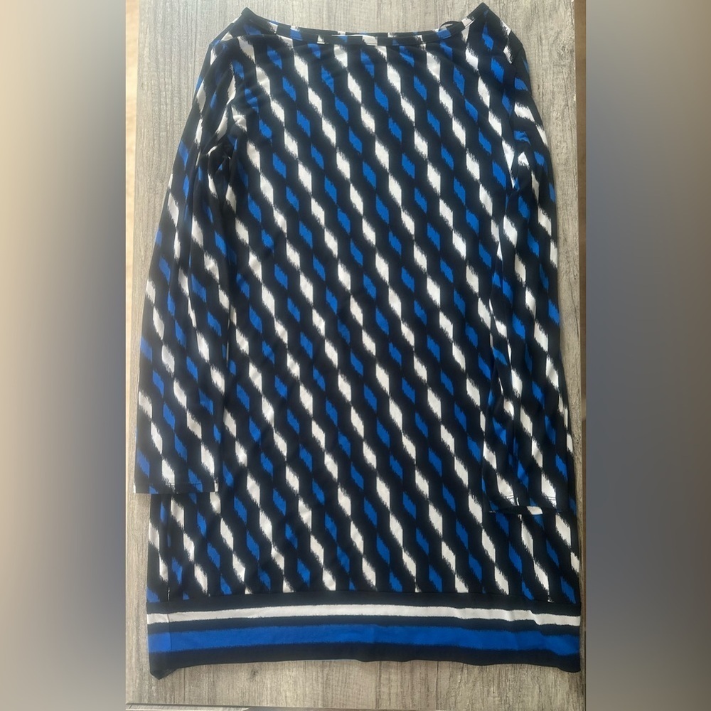 Michael by Michael Kors Blue/White/Black Long Sleeve Diamond/Stripes Dress XL